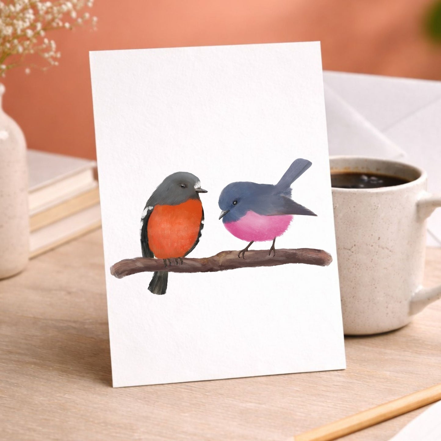 Australian Flame And Pink Robin Pair Postcard - MerikaArt
