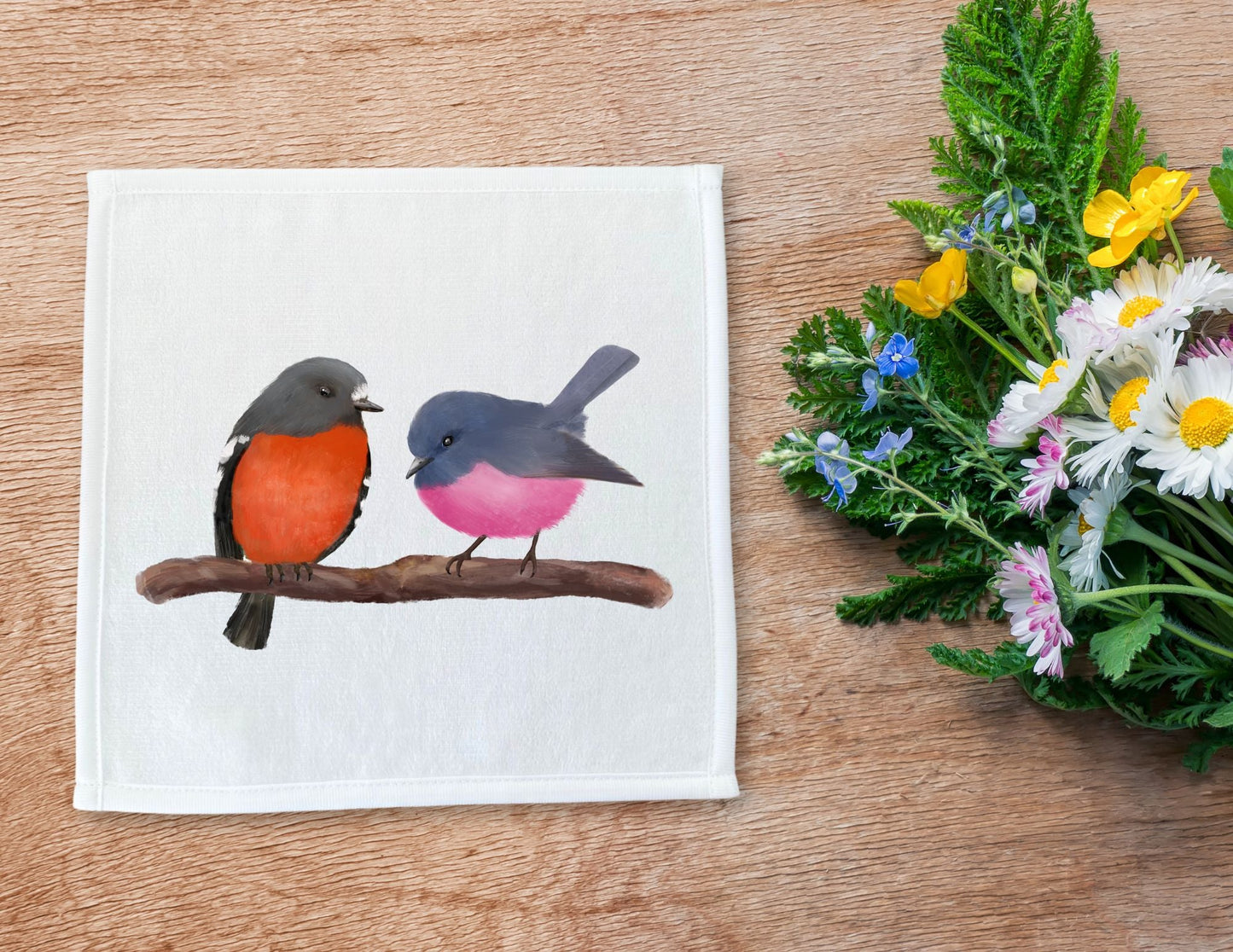 Australian Robins on Branch Washcloth - MerikaArt