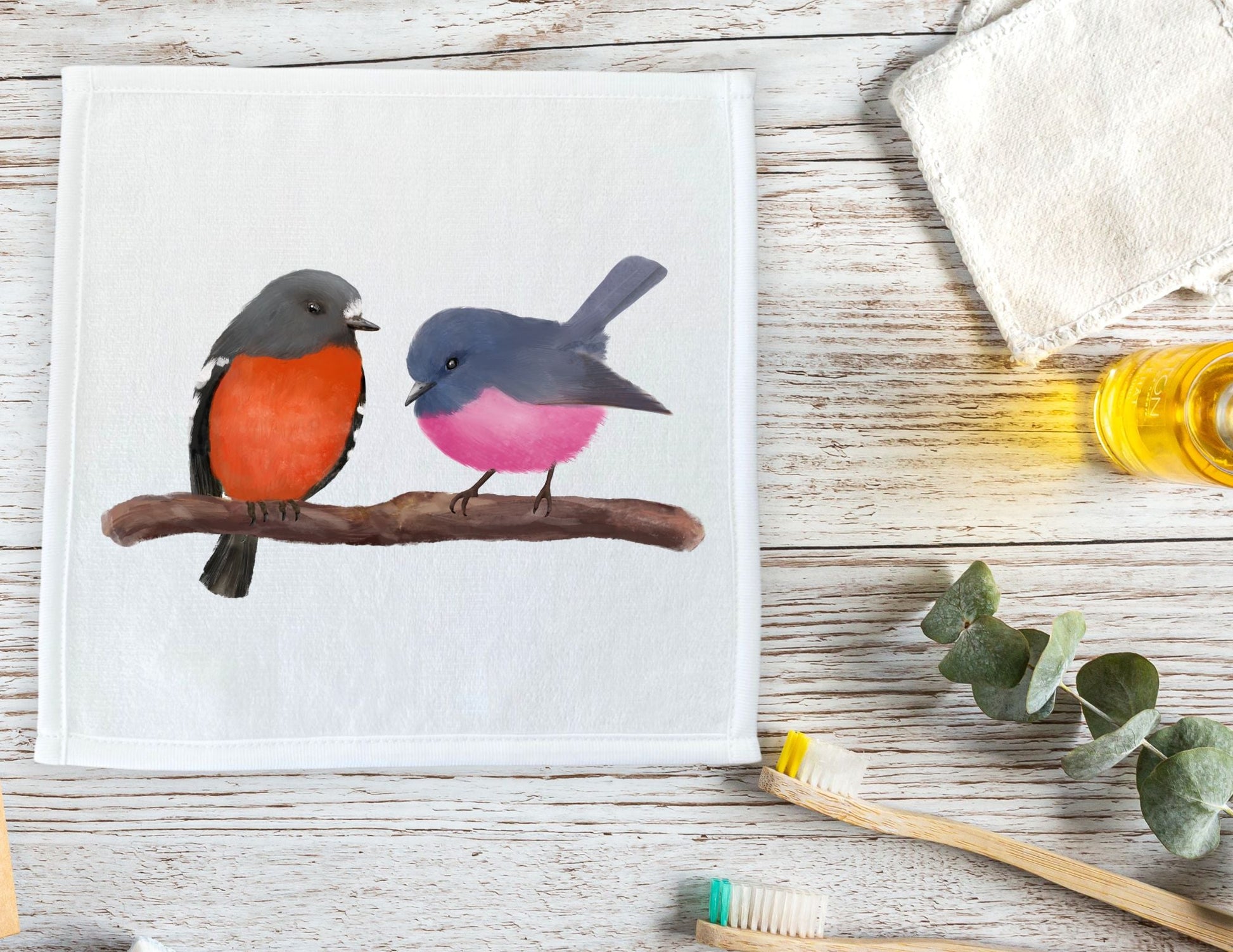 Australian Robins on Branch Washcloth - MerikaArt
