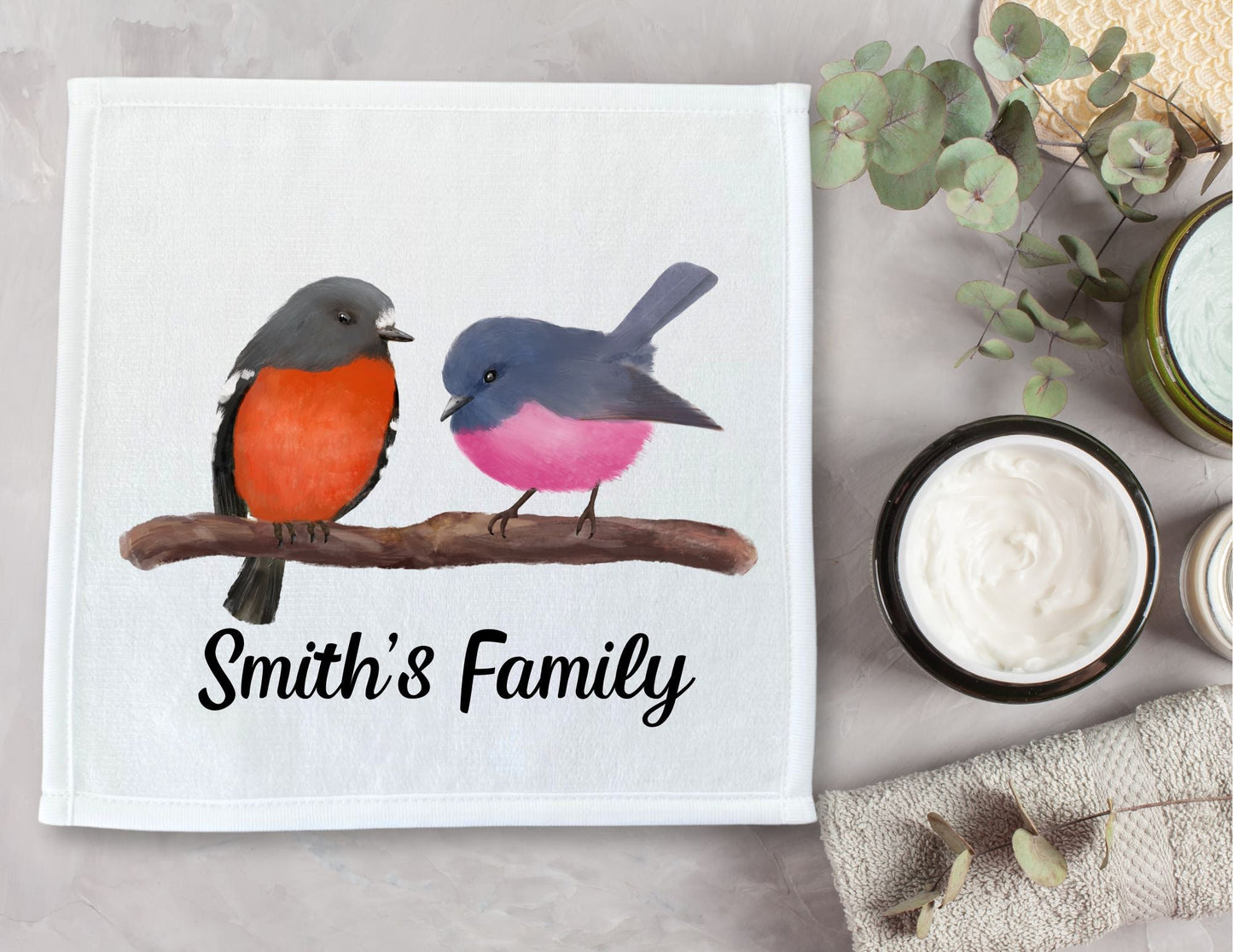 Australian Robins on Branch Washcloth - MerikaArt