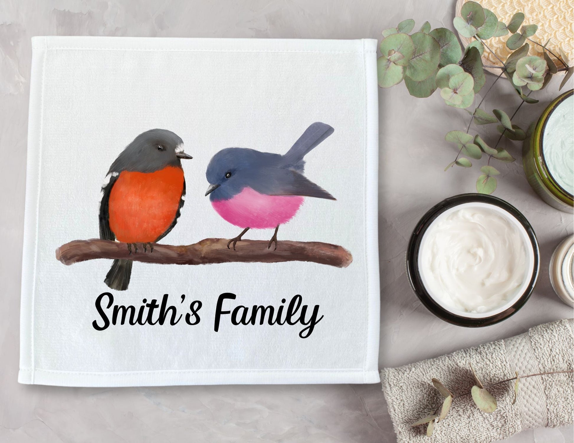 Australian Robins on Branch Washcloth - MerikaArt