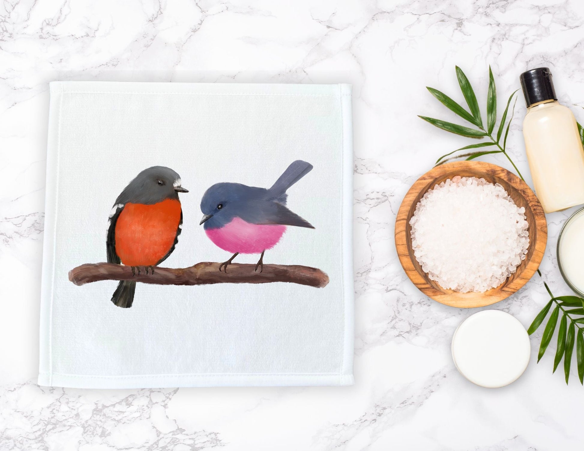 Australian Robins on Branch Washcloth - MerikaArt