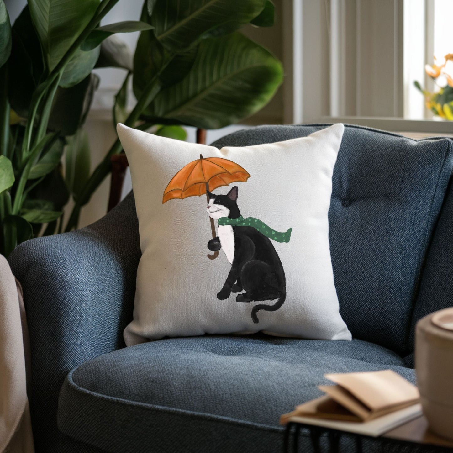 Autumn Cat with Umbrella Pillow - MerikaArt