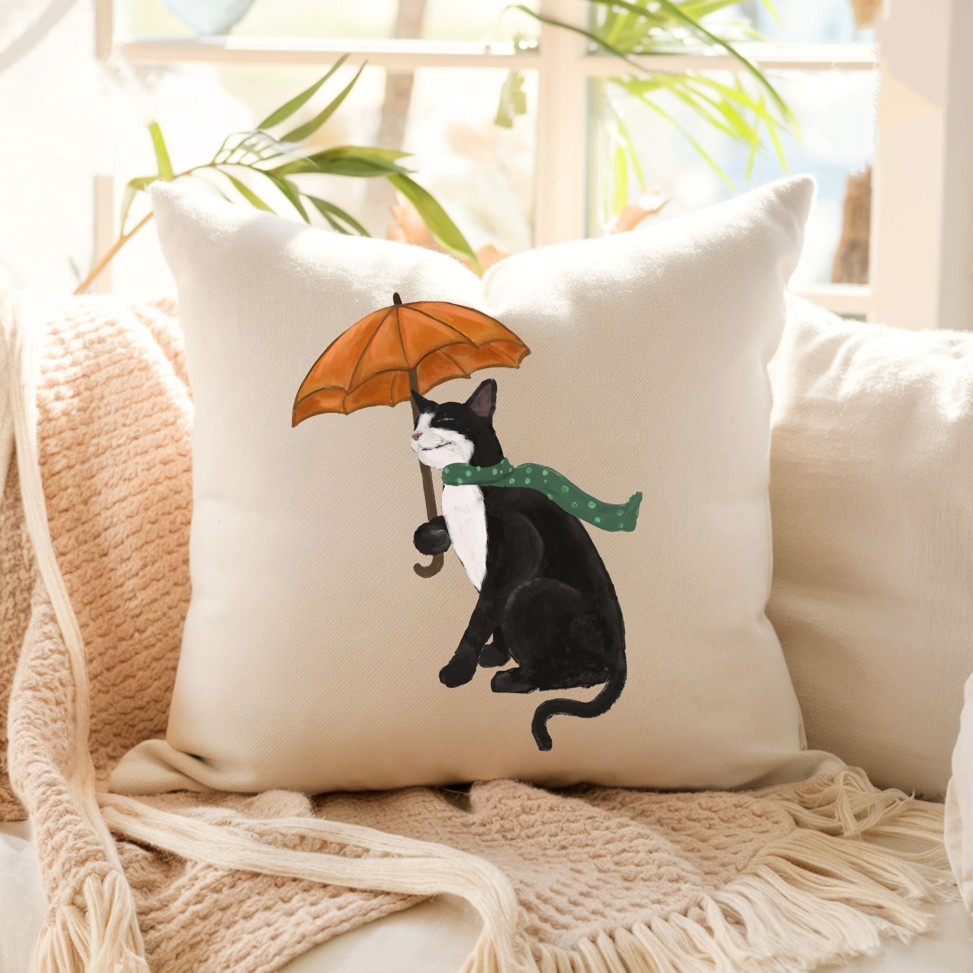 Autumn Cat with Umbrella Pillow - MerikaArt