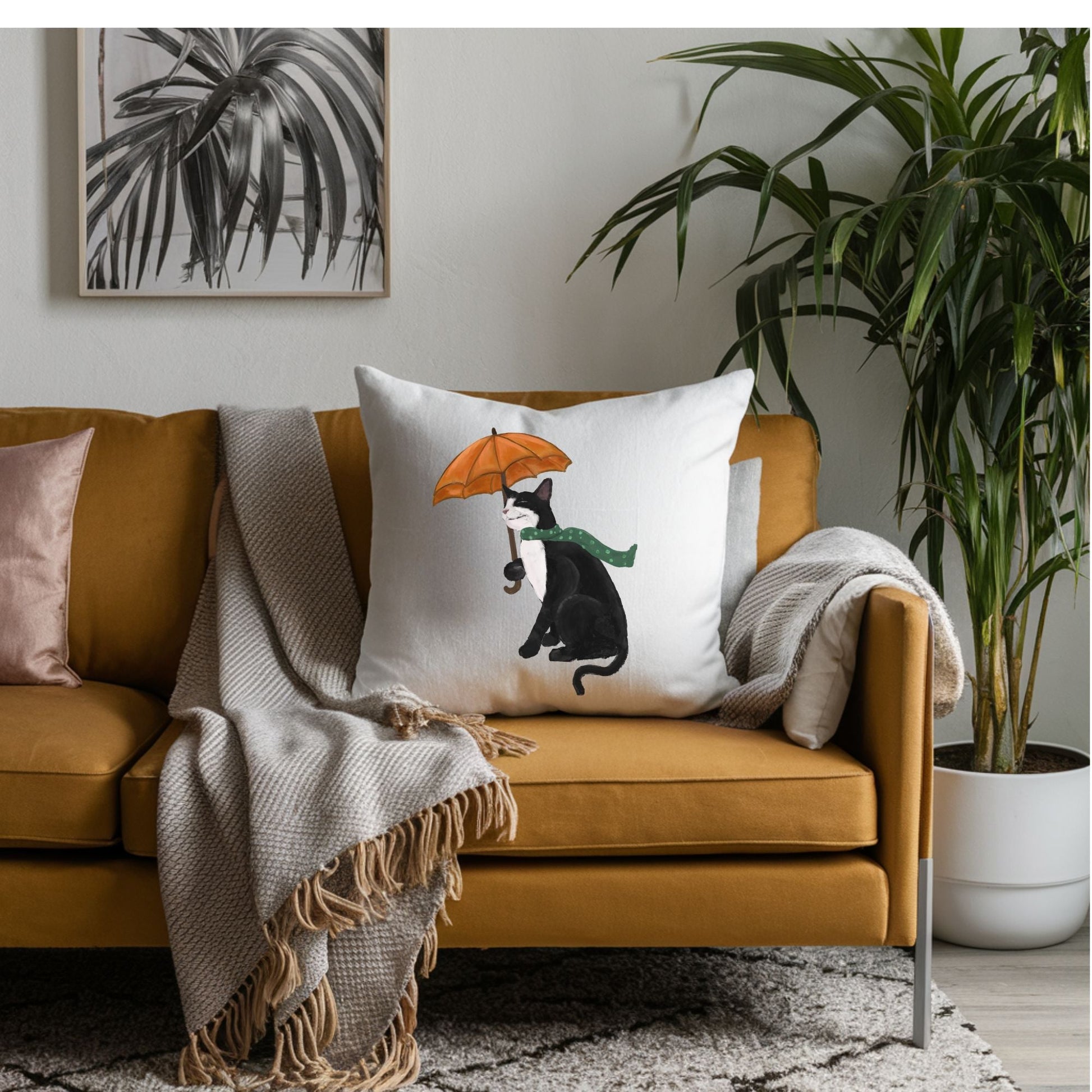 Autumn Cat with Umbrella Pillow - MerikaArt