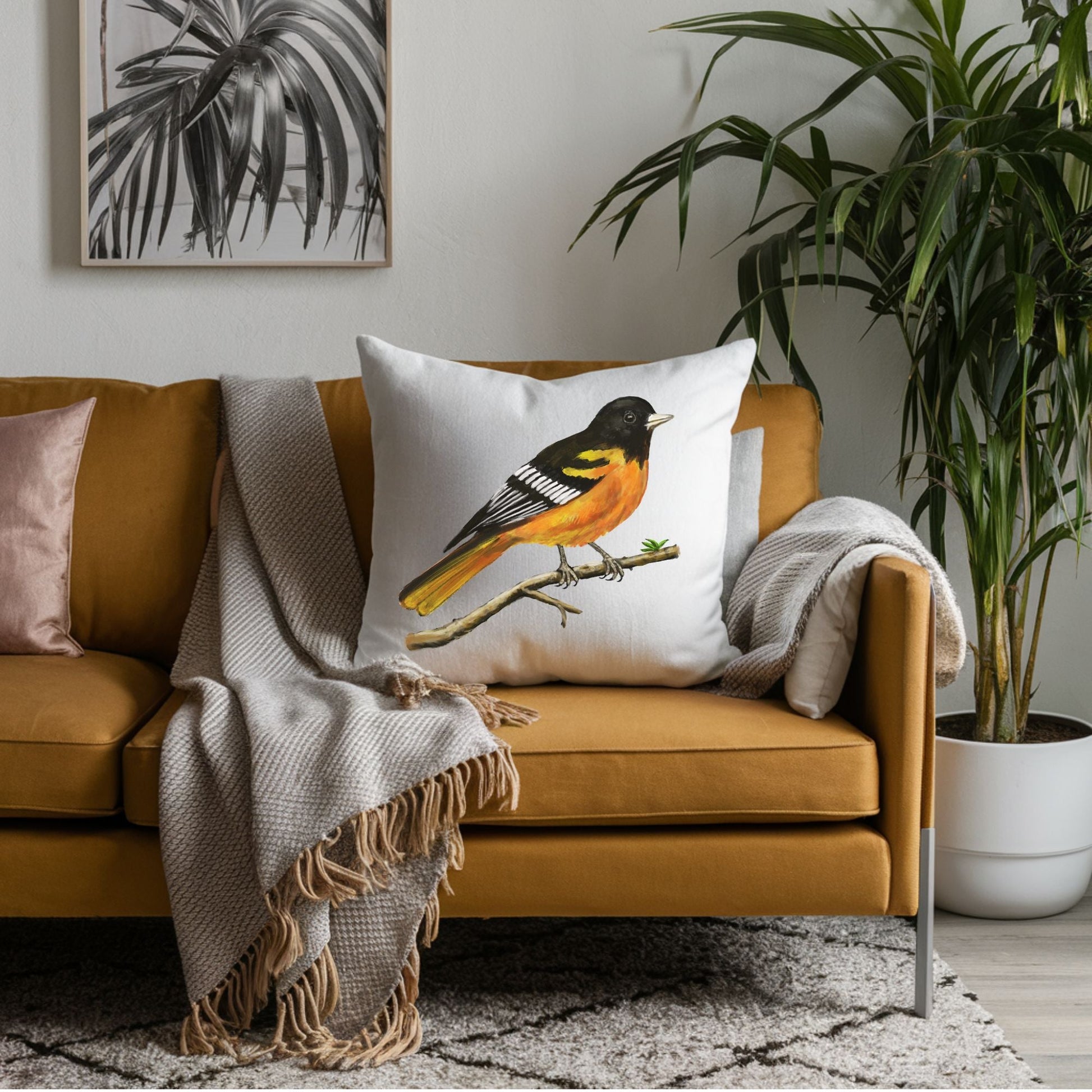 Baltimore Oriole Bird Pillow - MerikaArt