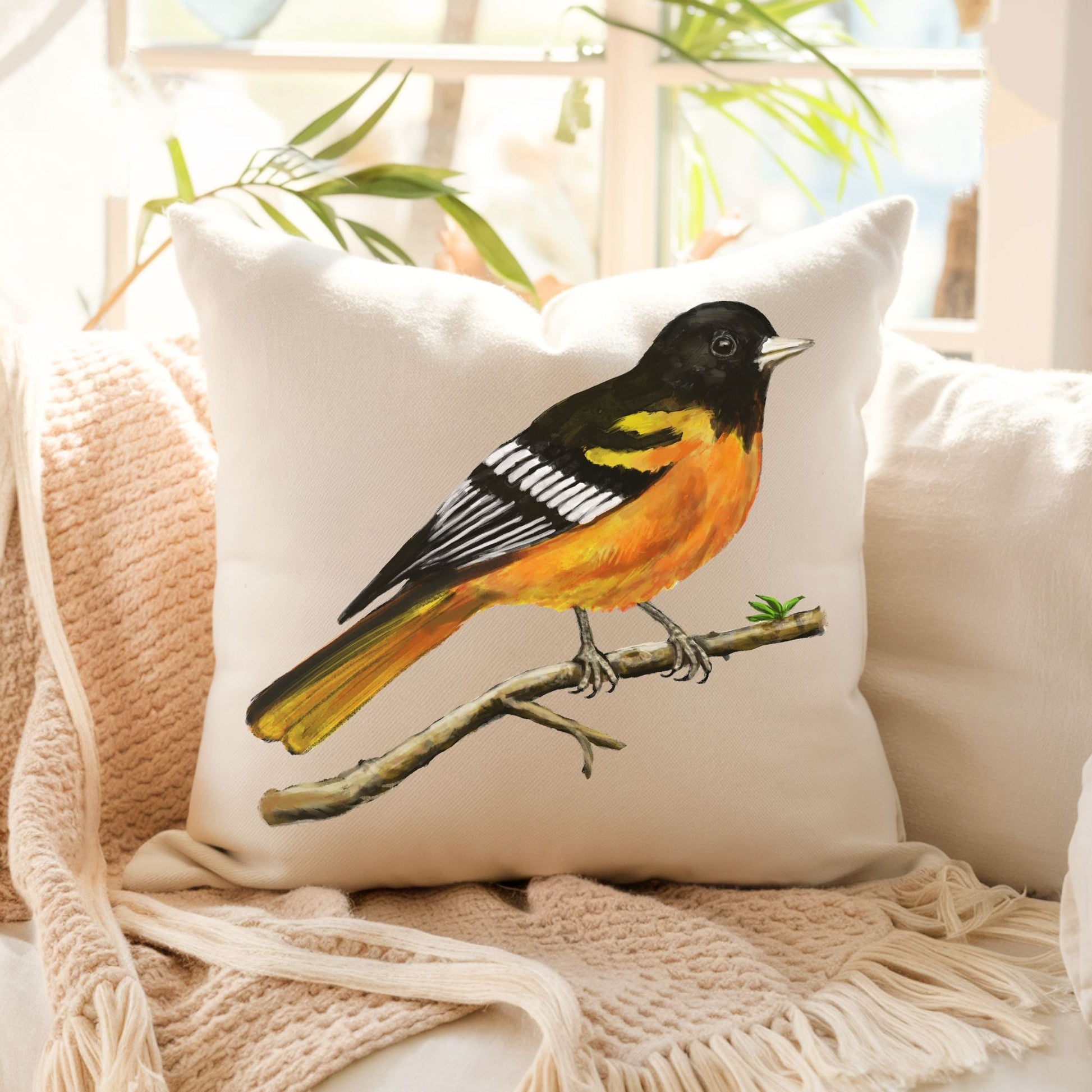 Baltimore Oriole Bird Pillow - MerikaArt