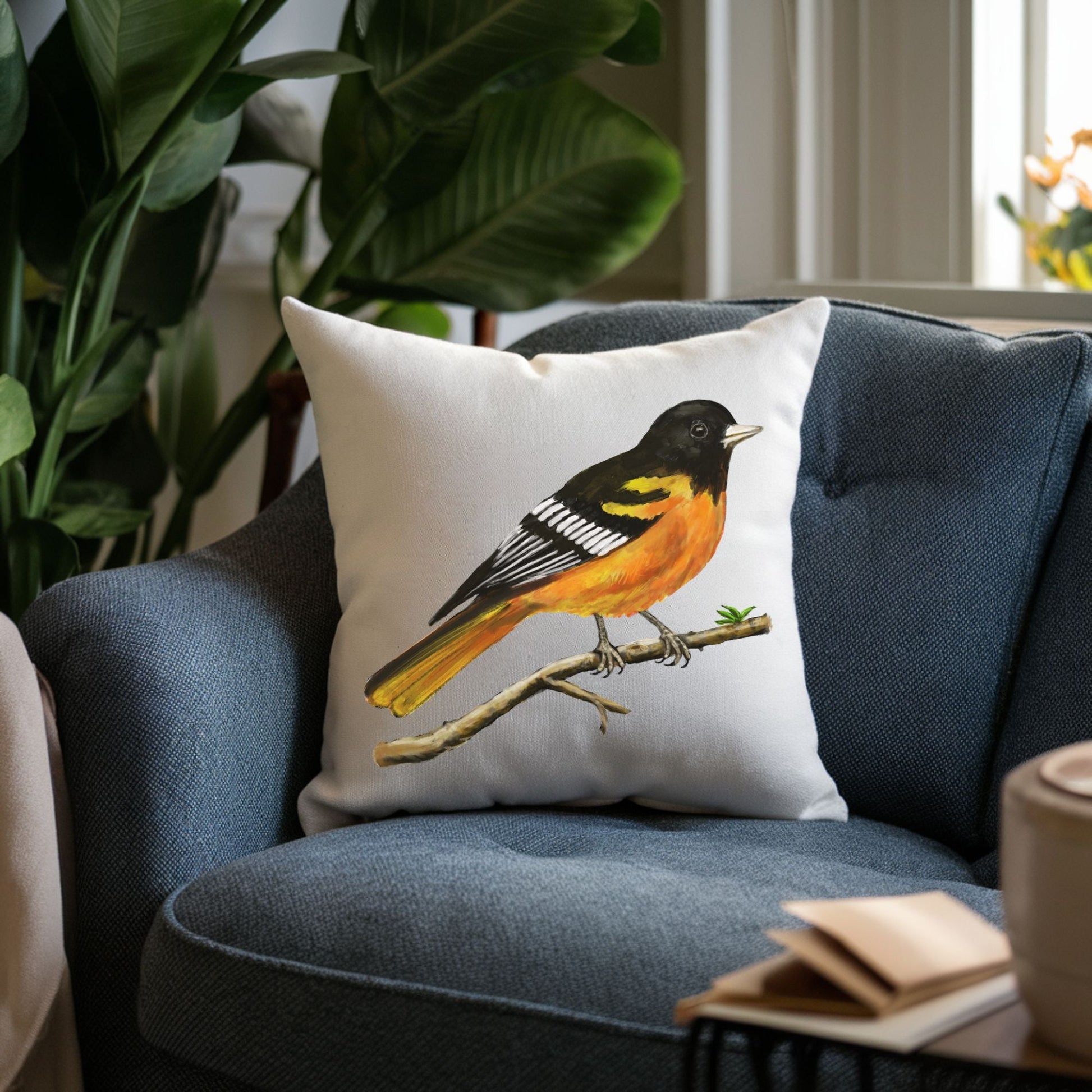 Baltimore Oriole Bird Pillow - MerikaArt