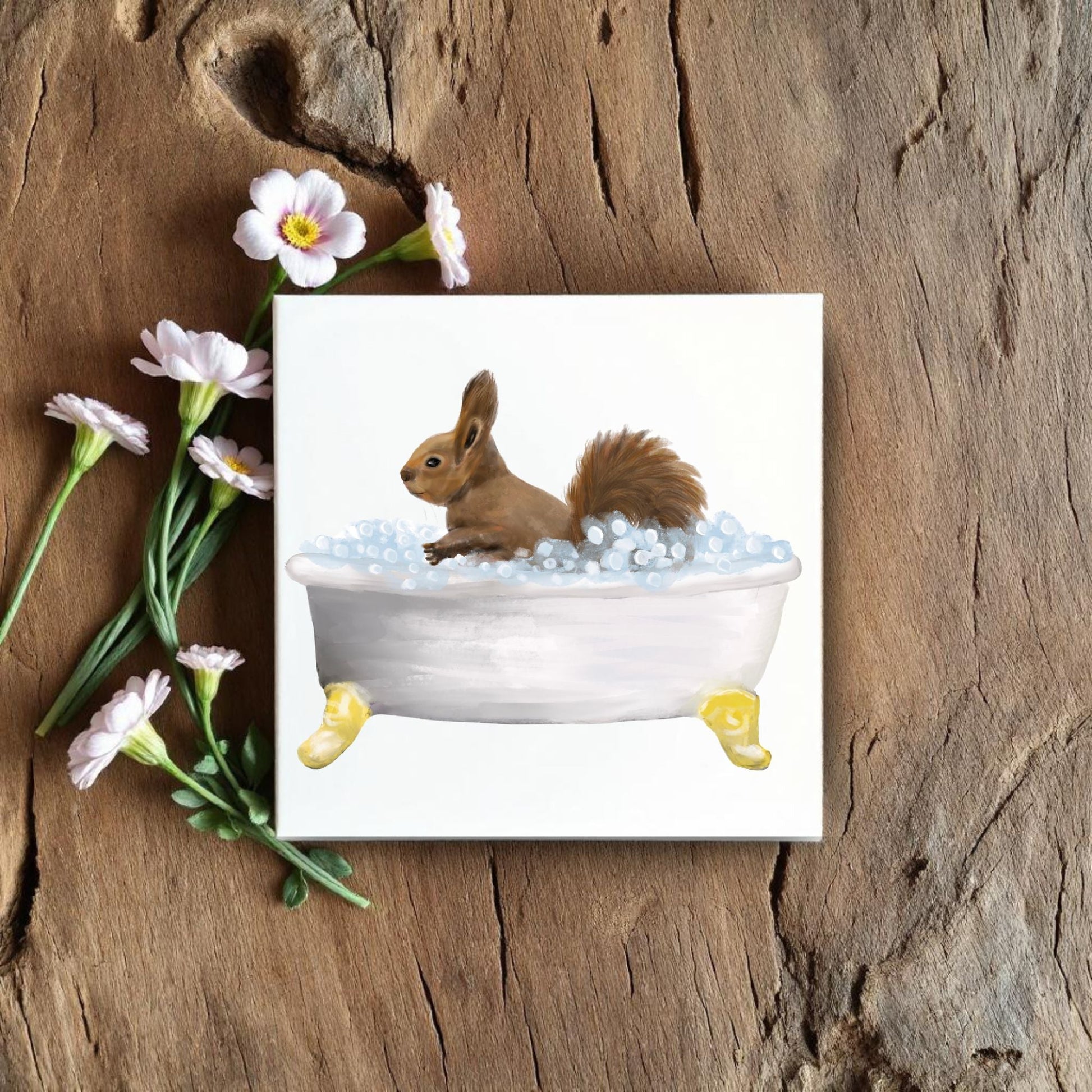 Bathing Squirrel Ceramic Tile – Handcrafted Woodland Decor - MerikaArt