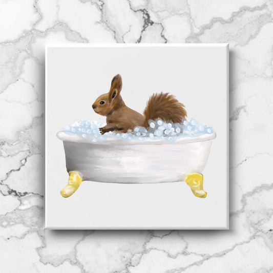 Bathing Squirrel Ceramic Tile – Handcrafted Woodland Decor - MerikaArt