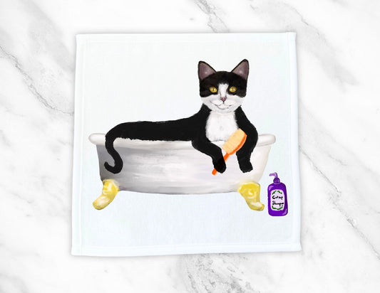 Bathing Tuxedo Cat Washcloth - MerikaArt