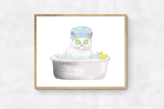 Bathing White Cat Print - MerikaArt