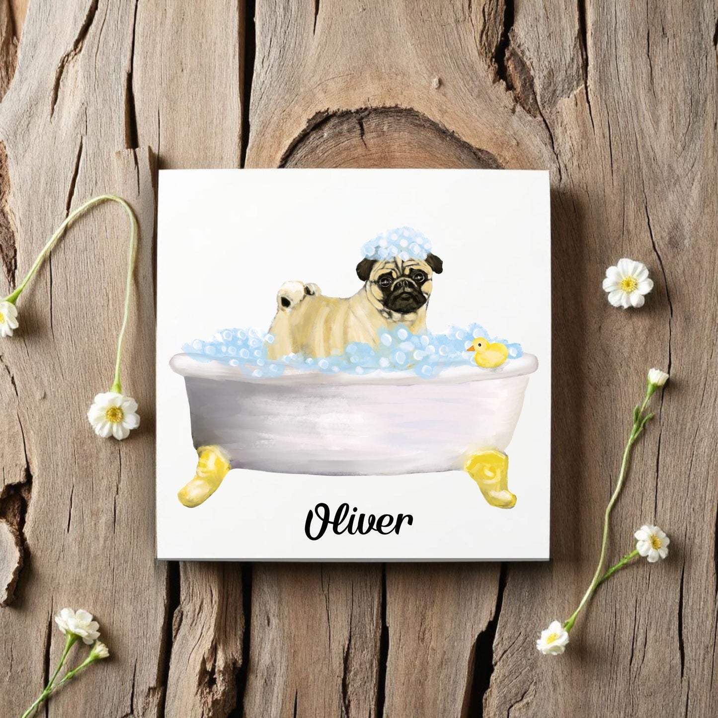 Beige Pug in Bathtub Ceramic Tile – Handcrafted Whimsical Pet Art Decor - MerikaArt