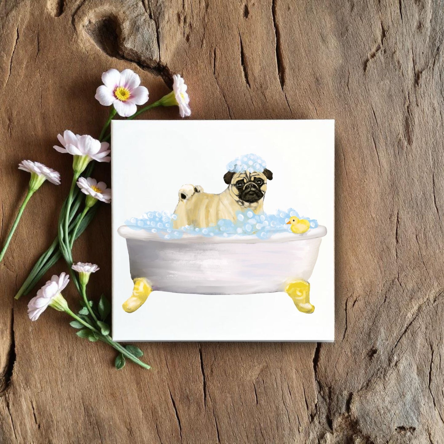 Beige Pug in Bathtub Ceramic Tile – Handcrafted Whimsical Pet Art Decor - MerikaArt