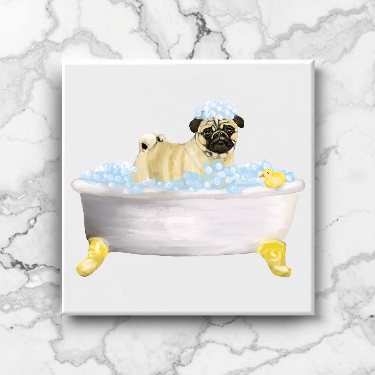 Beige Pug in Bathtub Ceramic Tile – Handcrafted Whimsical Pet Art Decor - MerikaArt