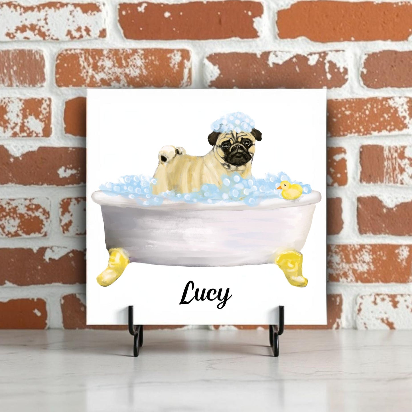 Beige Pug in Bathtub Ceramic Tile – Handcrafted Whimsical Pet Art Decor - MerikaArt