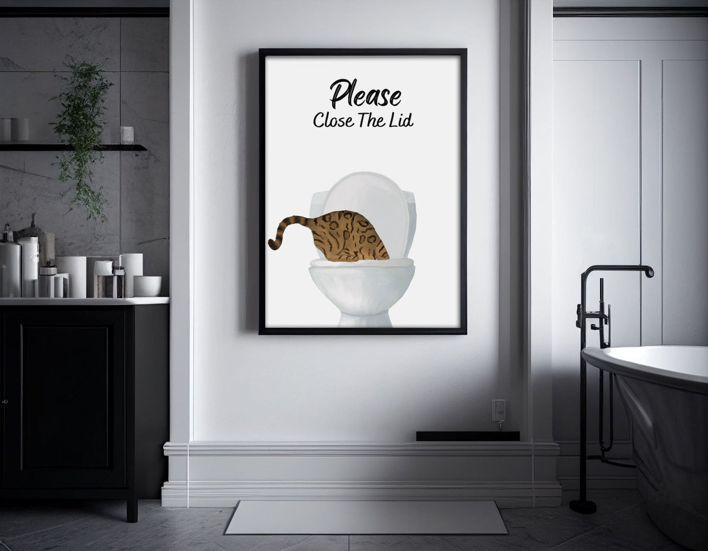 Bengal Cat Drinking From Toilet Art Print – Bathroom Sign - MerikaArt