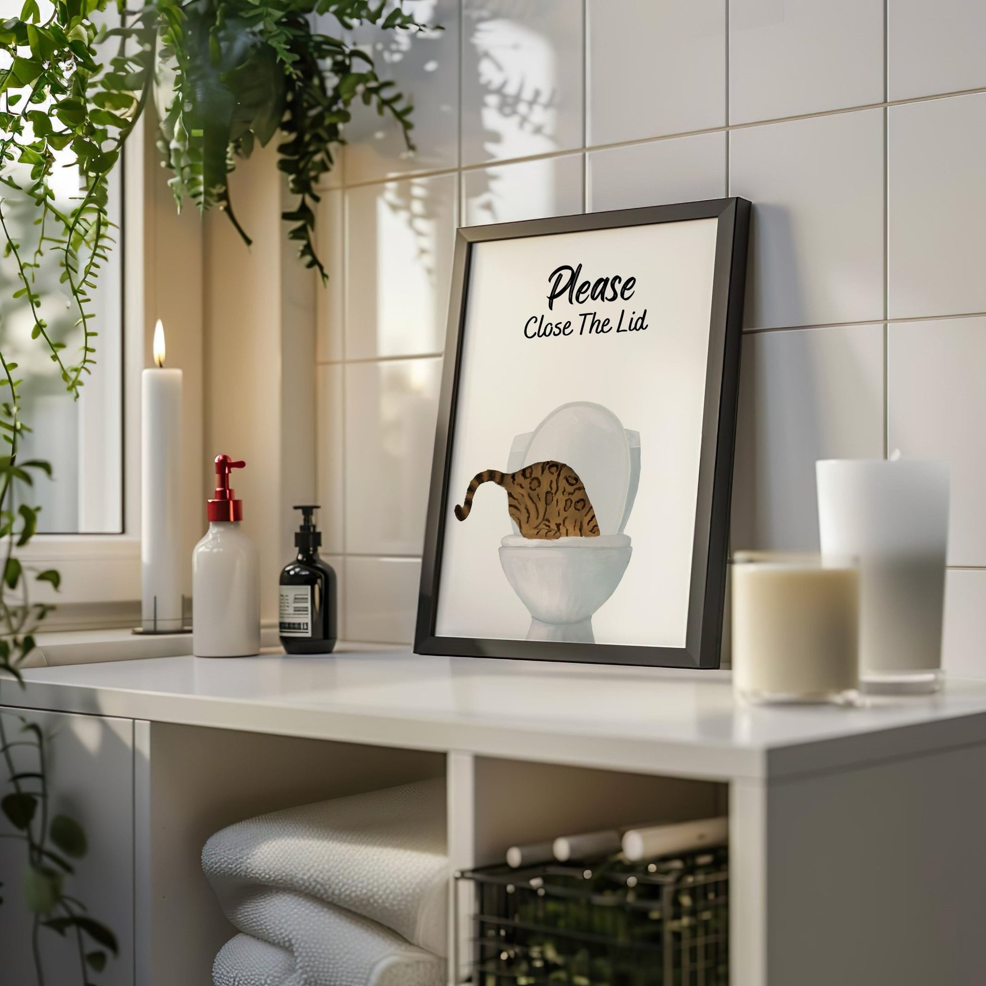 Bengal Cat Drinking From Toilet Art Print – Bathroom Sign - MerikaArt