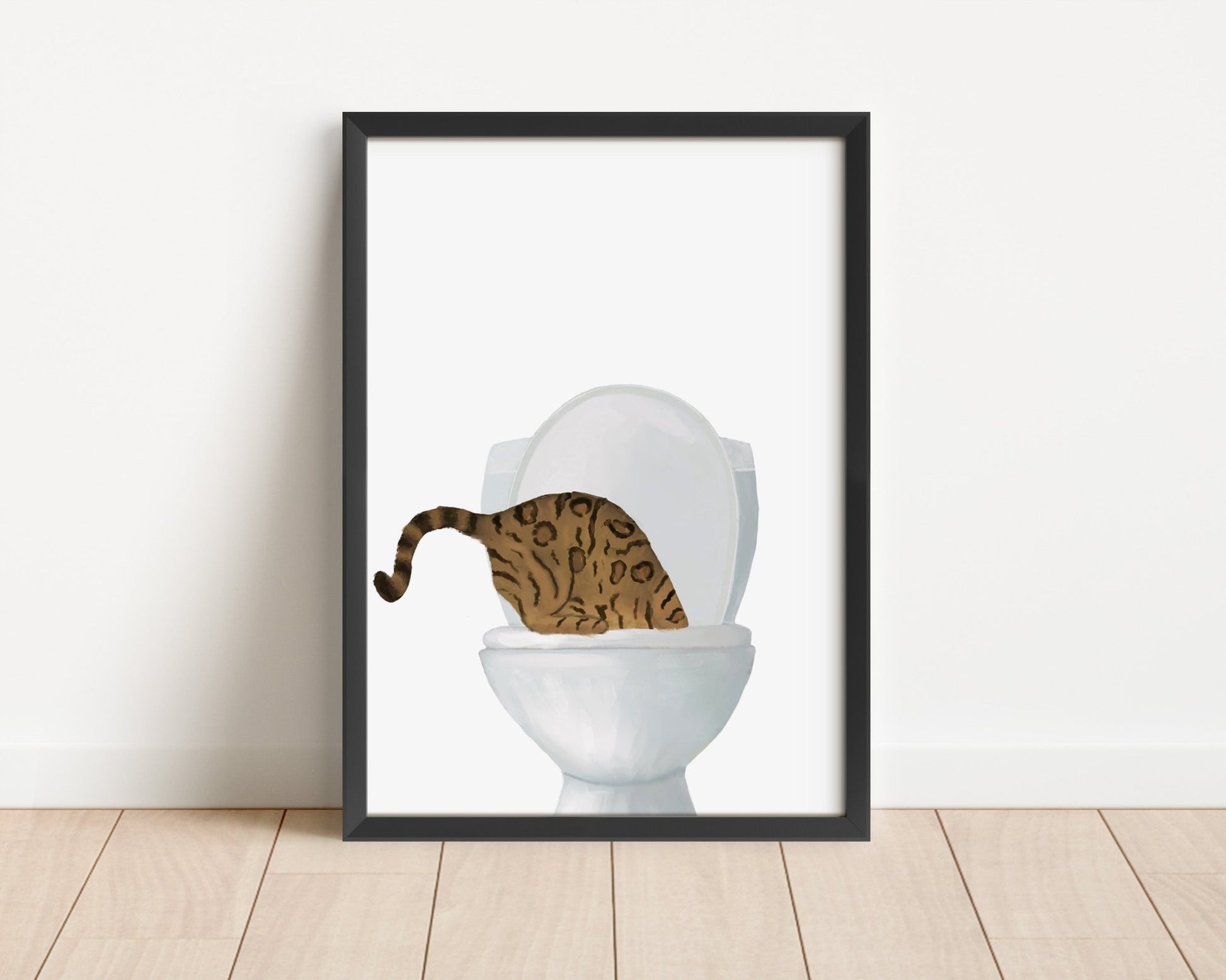 Bengal Cat Drinking From Toilet Art Print – Bathroom Sign - MerikaArt