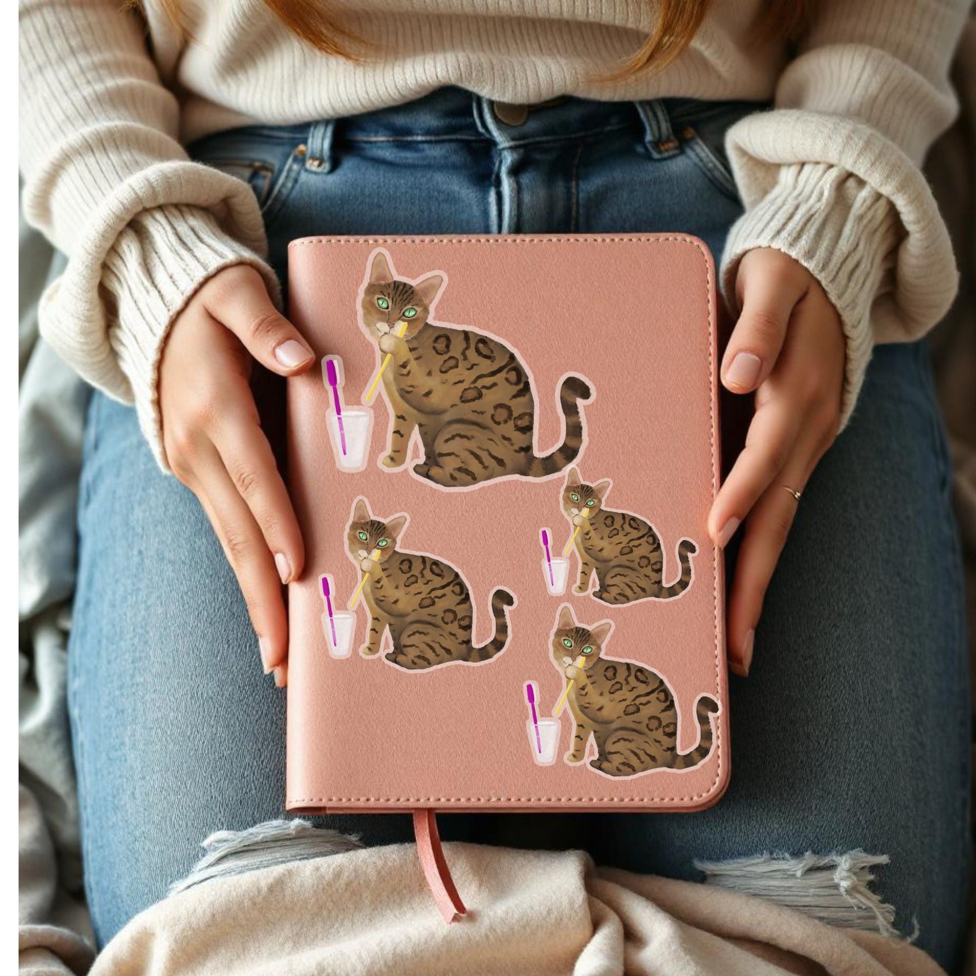 Bengal Cat with Toothbrush Sticker - MerikaArt