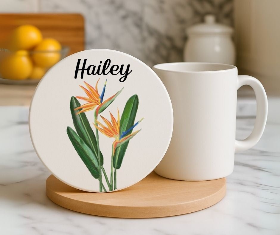 Bird of Paradise Flower Ceramic Coaster - MerikaArt
