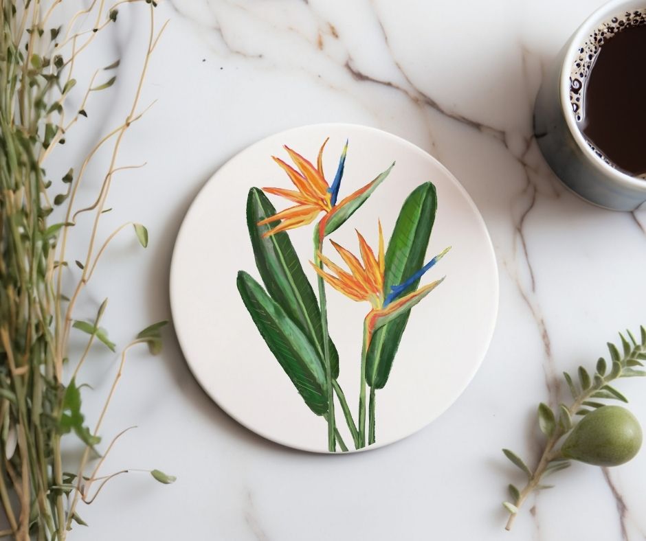Bird of Paradise Flower Ceramic Coaster - MerikaArt