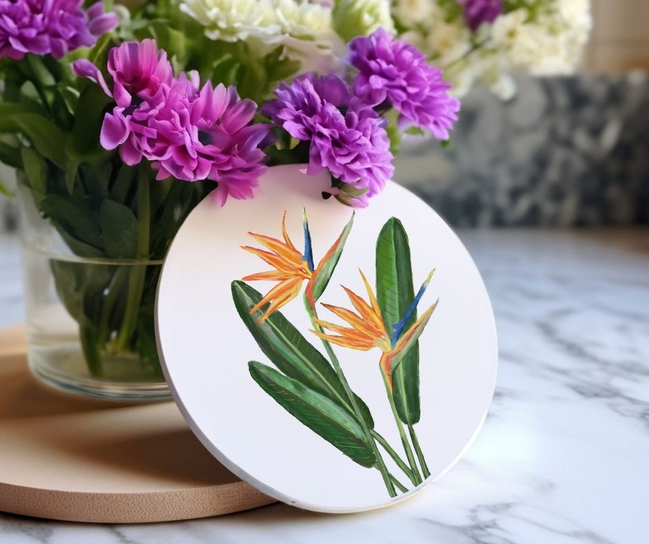 Bird of Paradise Flower Ceramic Coaster - MerikaArt
