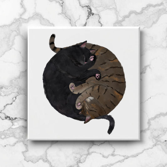 Black and Tabby Cats Yin and Yang Ceramic Tile - MerikaArt