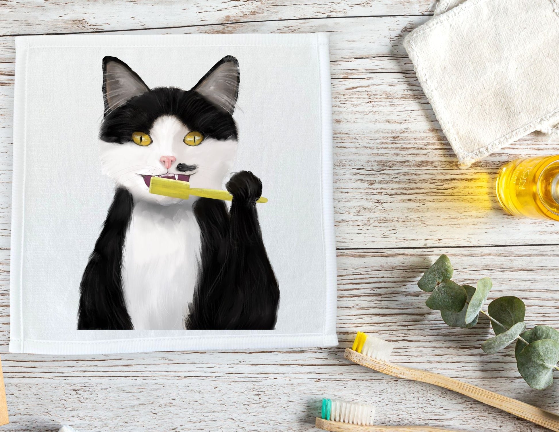 Black and White Cat Brushing Teeth Washcloth - MerikaArt