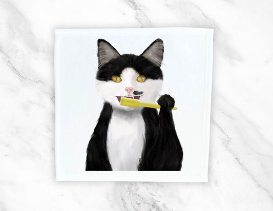 Black and White Cat Brushing Teeth Washcloth - MerikaArt