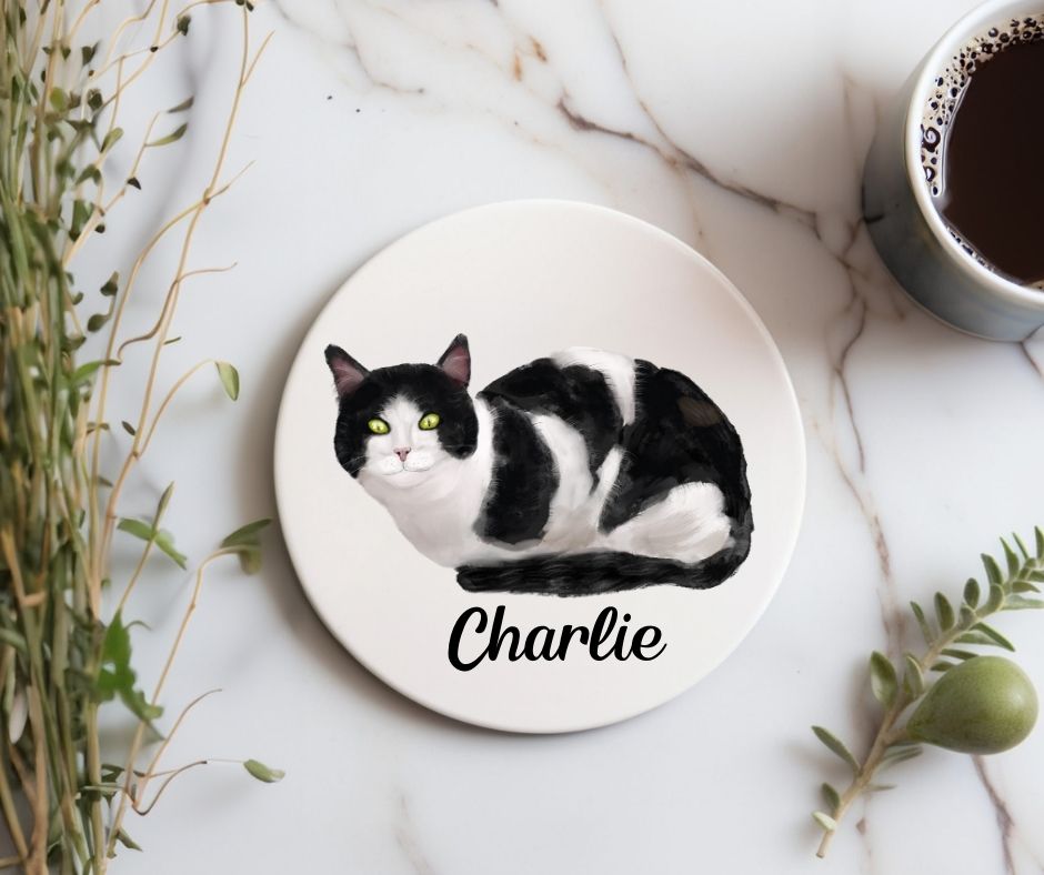 Black and White Cat Ceramic Coaster - MerikaArt