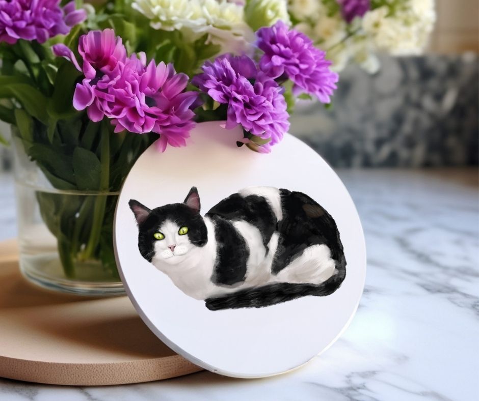 Black and White Cat Ceramic Coaster - MerikaArt