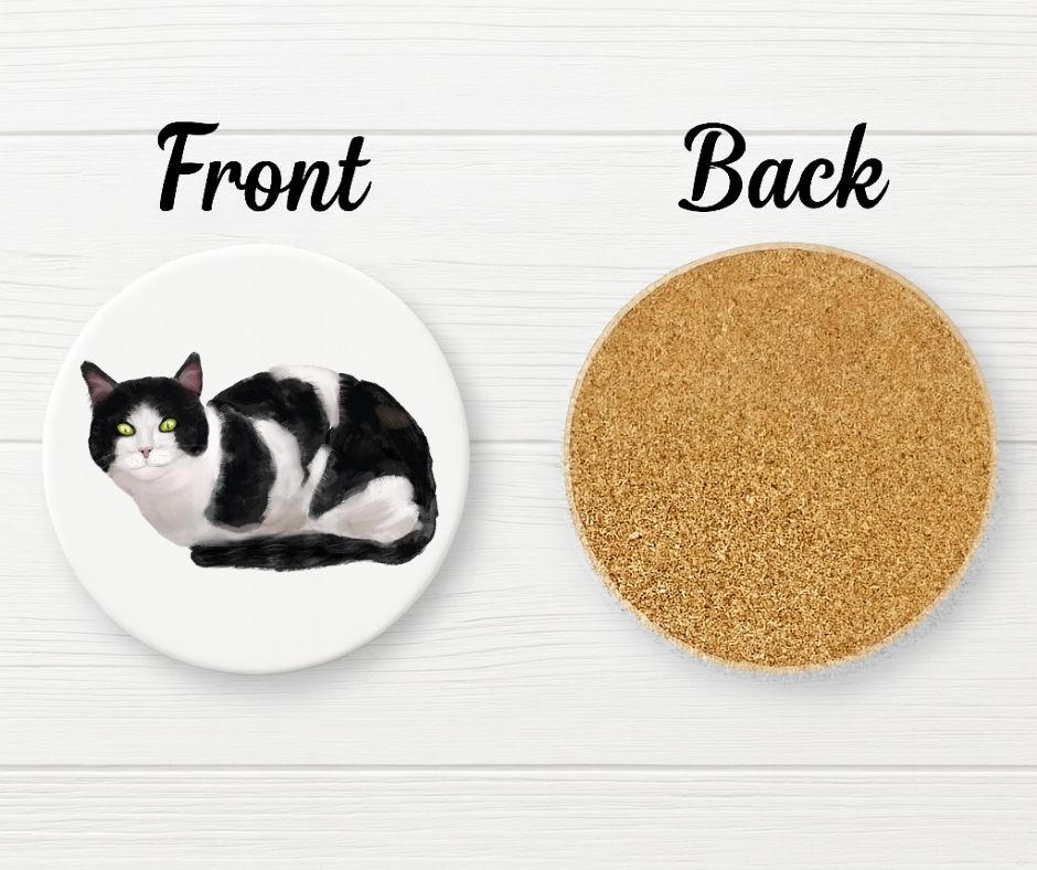 Black and White Cat Ceramic Coaster - MerikaArt