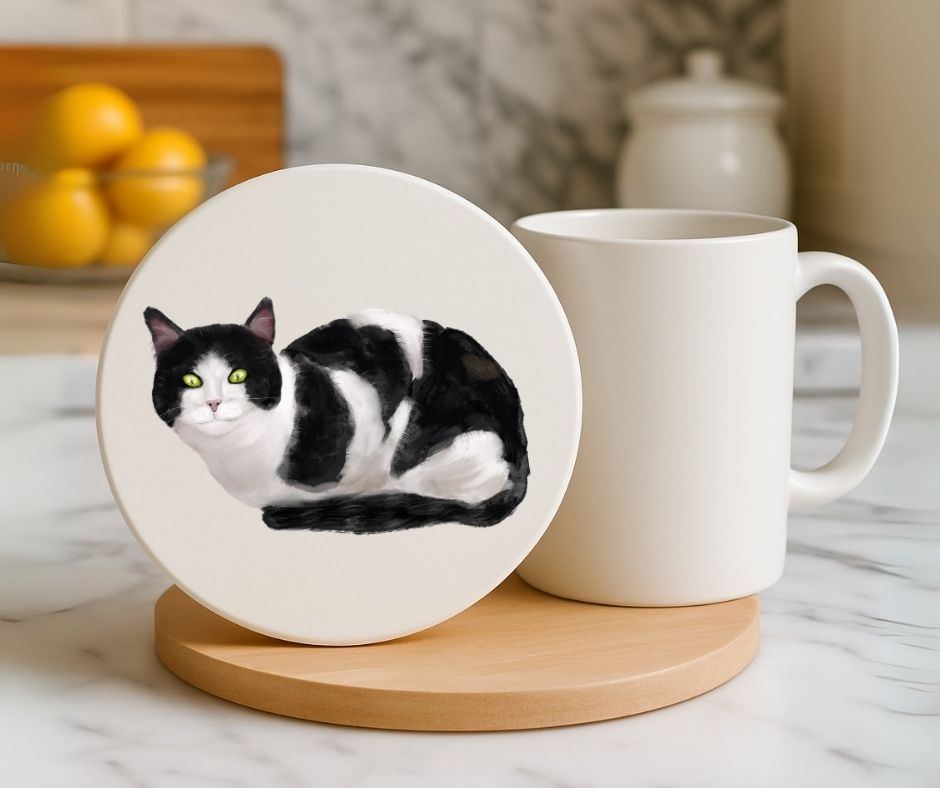 Black and White Cat Ceramic Coaster - MerikaArt