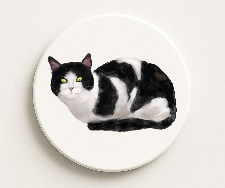 Black and White Cat Ceramic Coaster - MerikaArt