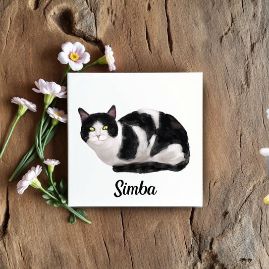 Black and White Cat Ceramic Tile - MerikaArt