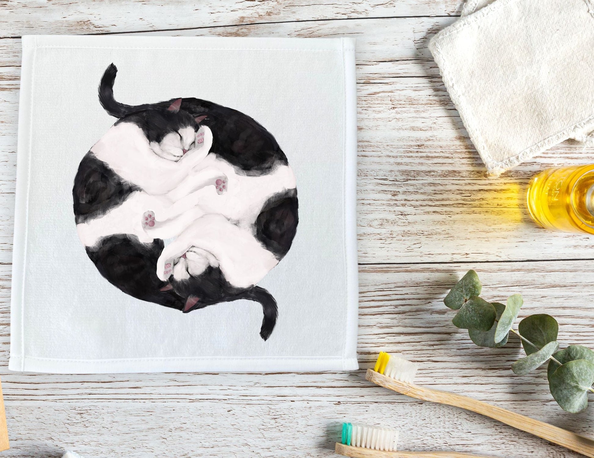 Black and White Cats Sleeping Washcloth - MerikaArt