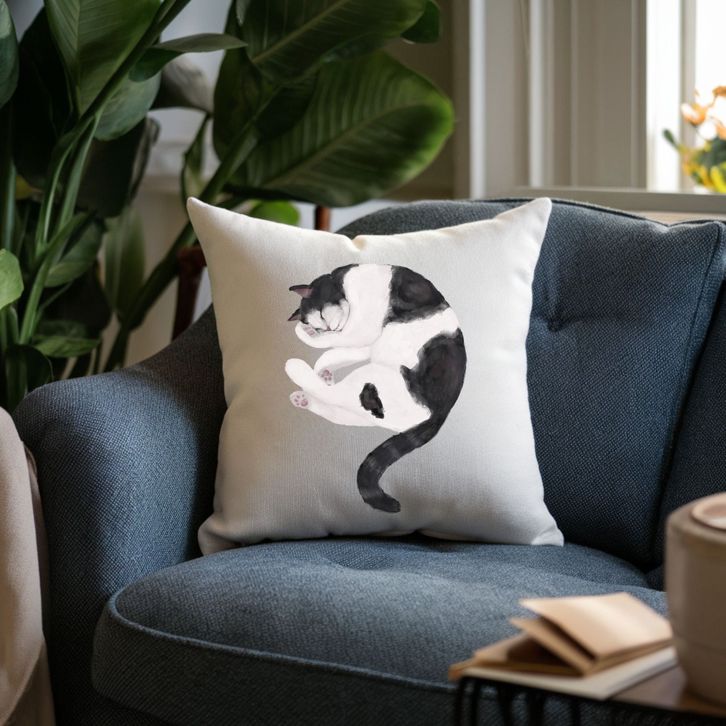 Black and White Sleeping Cat Pillow - MerikaArt