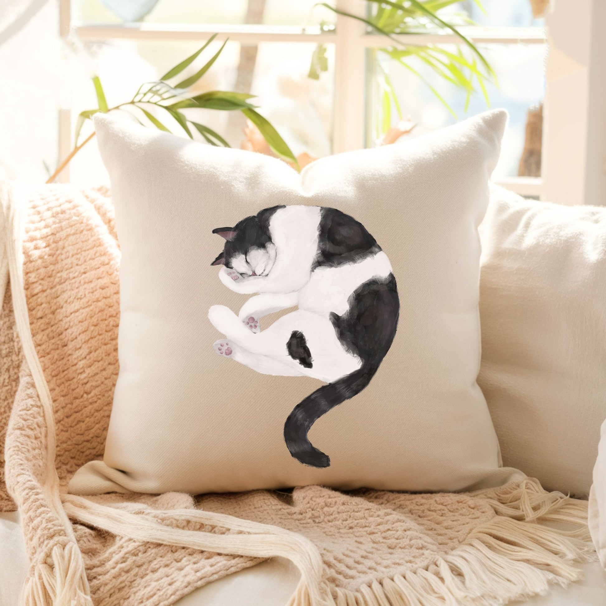 Black and White Sleeping Cat Pillow - MerikaArt