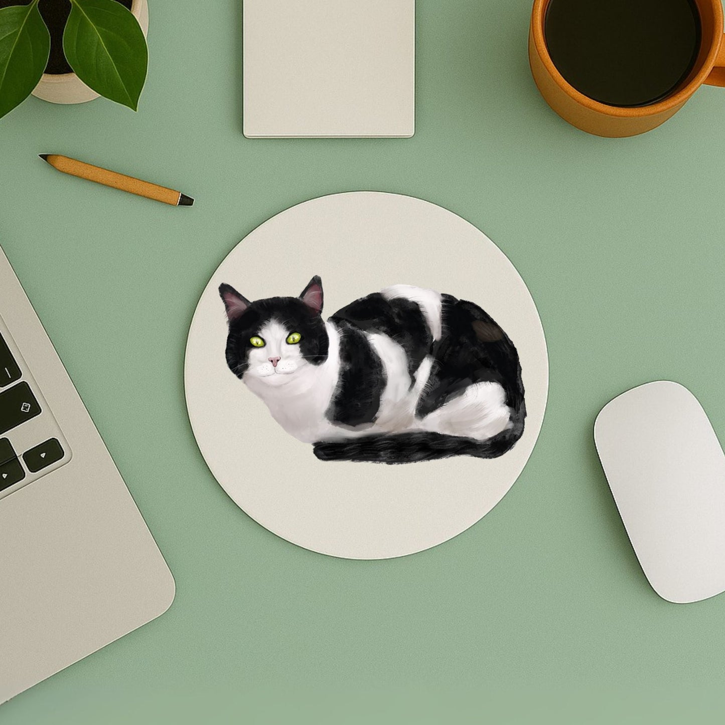 Black and White Tuxedo Cat Mousepad - MerikaArt