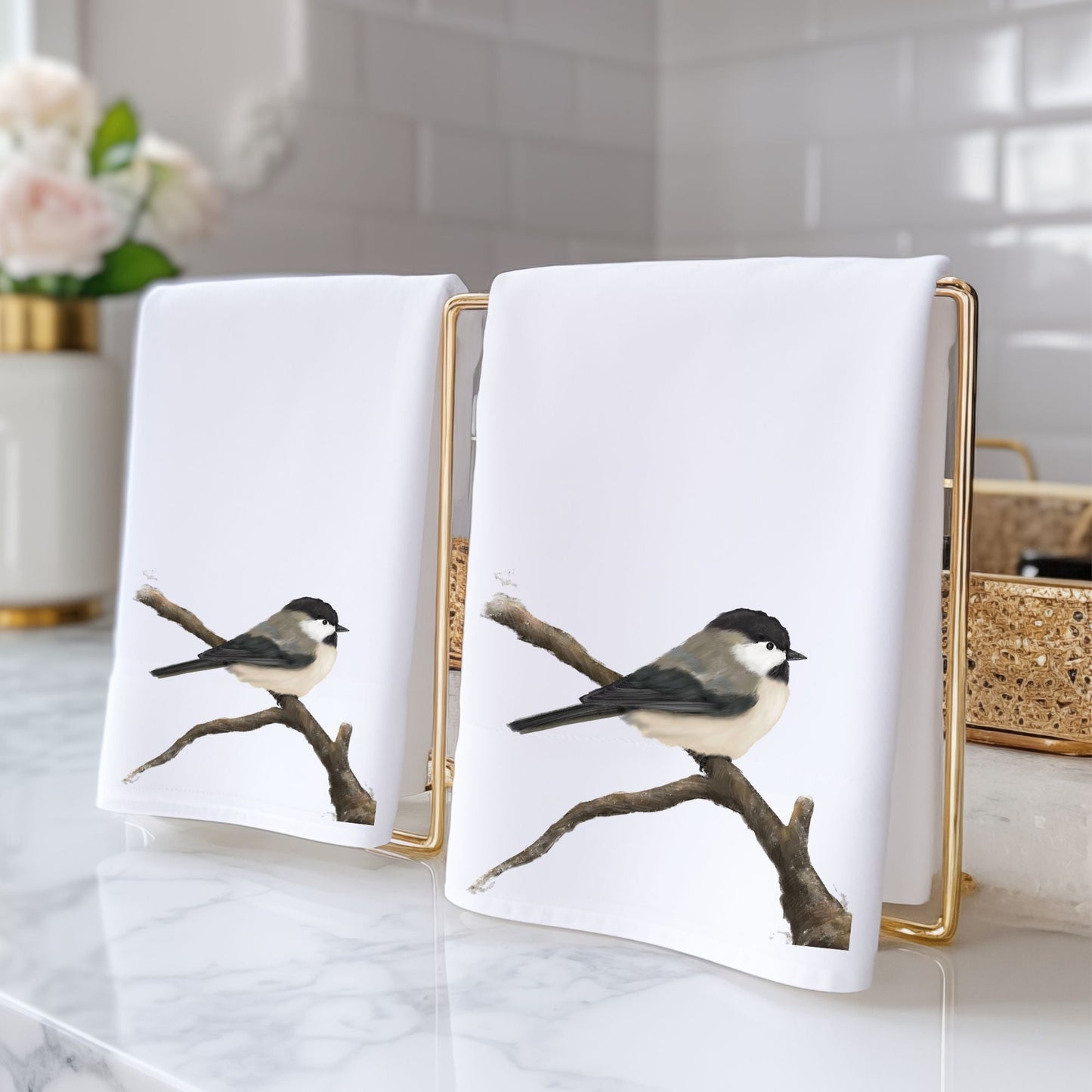 Black - Capped Chickadee Bathroom Towel - MerikaArt