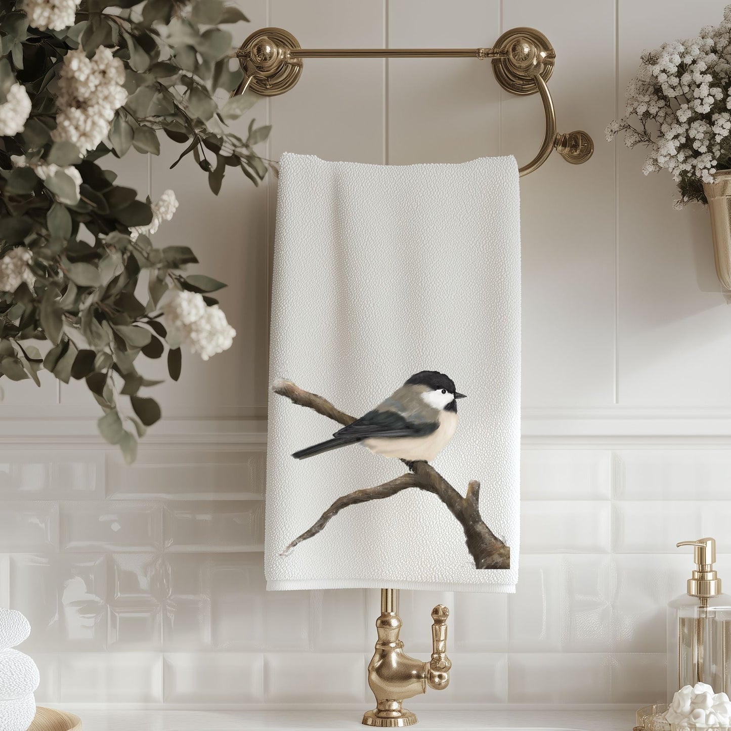 Black - Capped Chickadee Bathroom Towel - MerikaArt