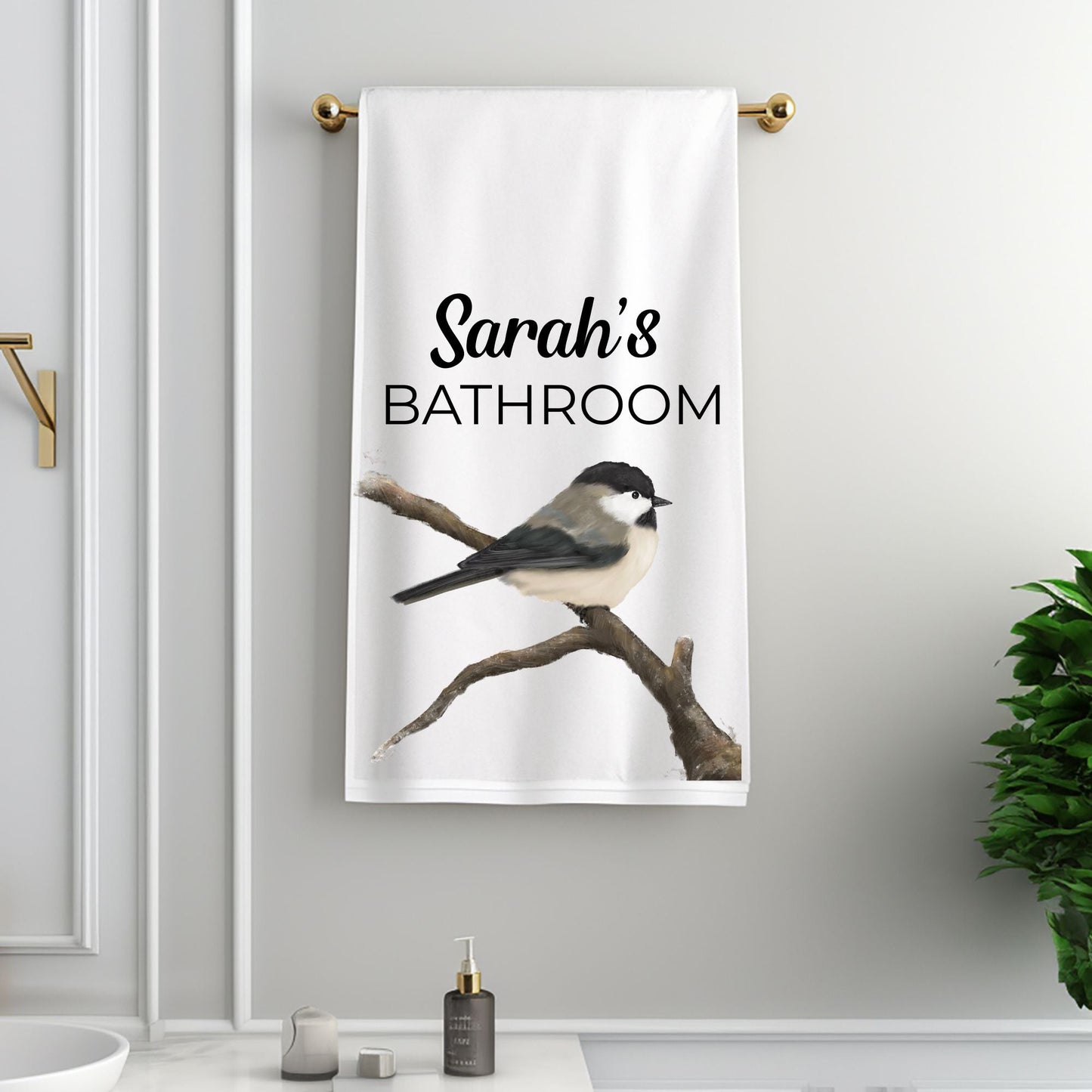 Black - Capped Chickadee Bathroom Towel - MerikaArt