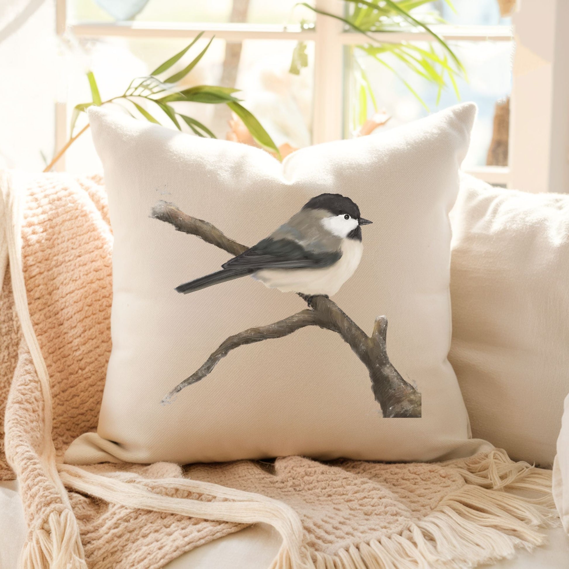 Black - Capped Chickadee Bird Pillow - MerikaArt