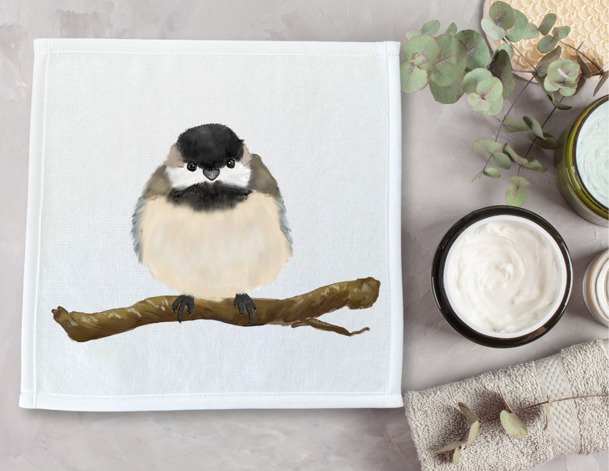 Black - Capped Chickadee Bird Washcloth - MerikaArt