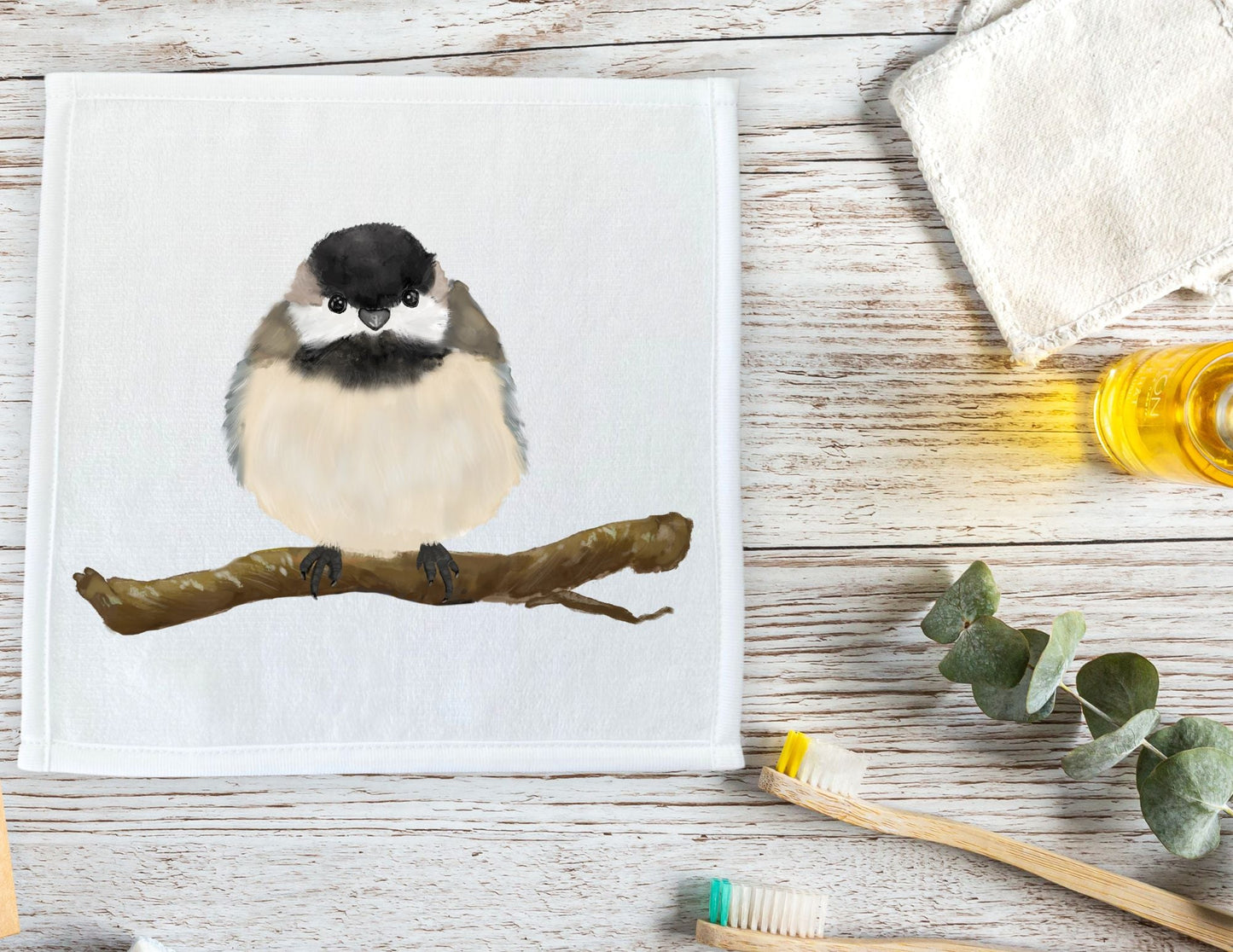 Black - Capped Chickadee Bird Washcloth - MerikaArt