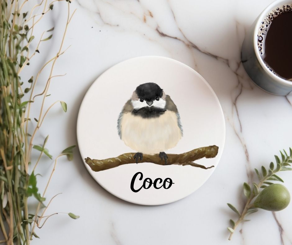Black - capped Chickadee Ceramic Coaster - MerikaArt