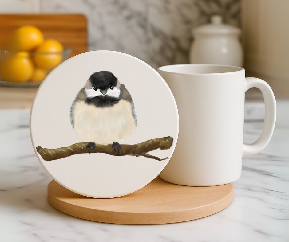 Black - capped Chickadee Ceramic Coaster - MerikaArt
