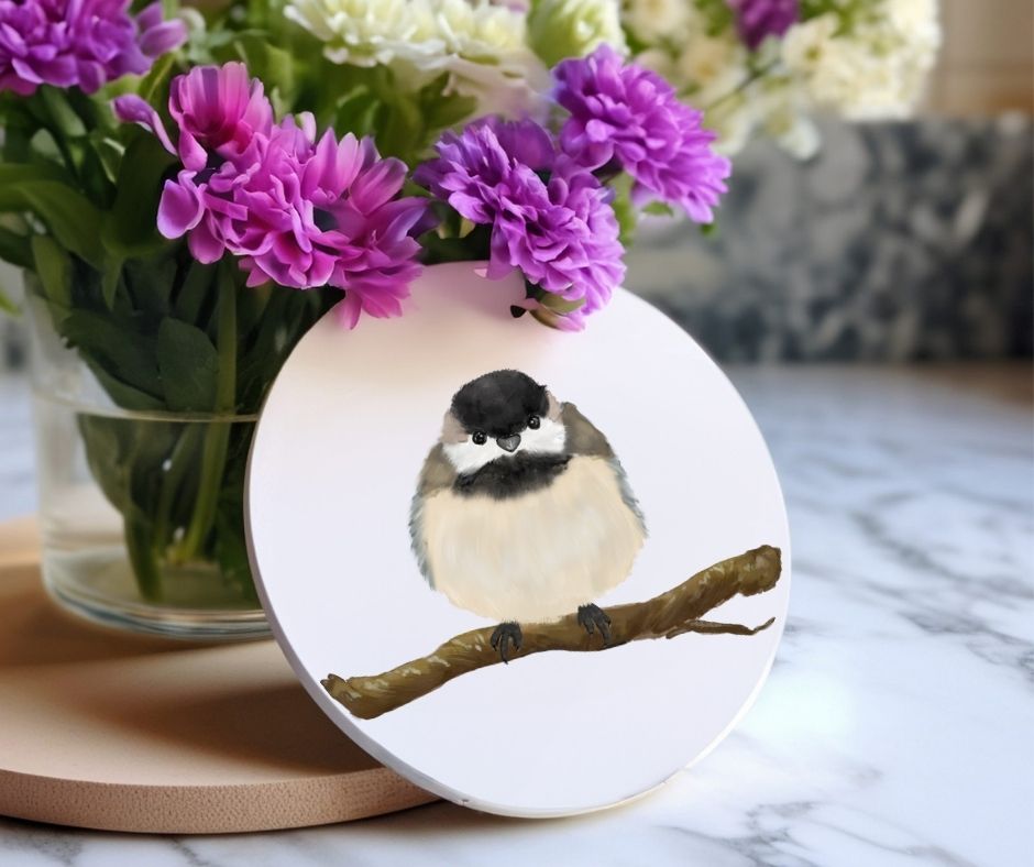 Black - capped Chickadee Ceramic Coaster - MerikaArt