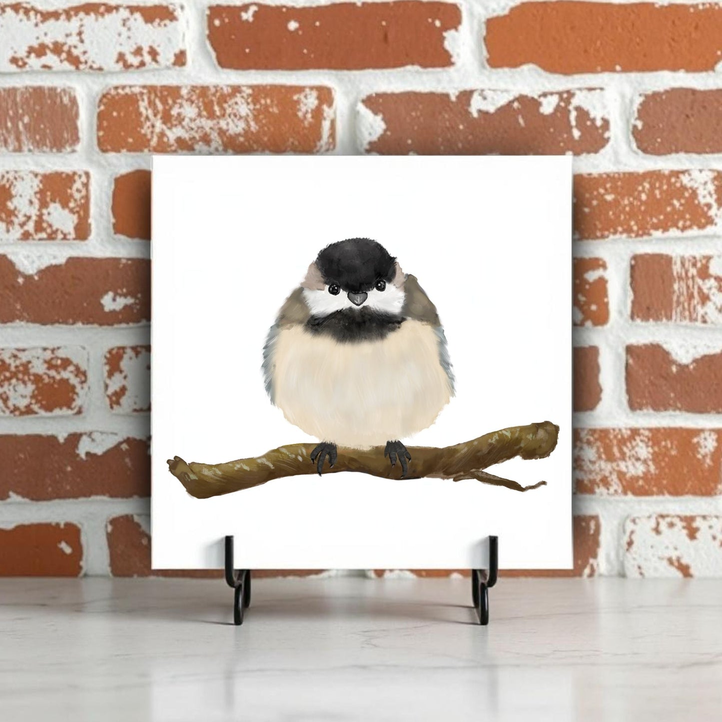 Black - Capped Chickadee Ceramic Tile - MerikaArt